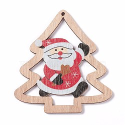 Printed Wood Big Pendants, Christmas Tree with Santa Claus, Colorful, 79.5x74x2.5mm, Hole: 2.5mm(FIND-H030-04)