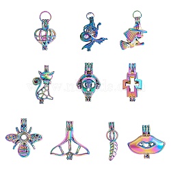 10Pcs 10 Styles Rainbow Color Plated Alloy Bead Cage Pendants, Essential Oils Diffuser, Mixed shapes, 24.5~41.5x11.5~34x9.5~12mm, Hole: 3~4x3.5~4.5mm, 1pc/style(FIND-SZ0002-55)