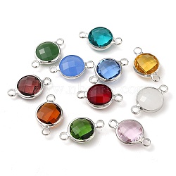 Brass Pave Faceted Glass Connector Charms, Platinum Plated Flat Round Links, Mixed Color, 18x11x5mm, Hole: 2mm(FIND-Z020-01P)