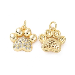 Rack Plating Brass Micro Pave Cubic Zirconia Charms, with Jump Ring, Long-Lasting Plated, Cadmium Free & Lead Free, Dog's Paw Print Charm, Real 18K Gold Plated, 15x14.5x3mm, Hole: 3mm(KK-C008-36G)