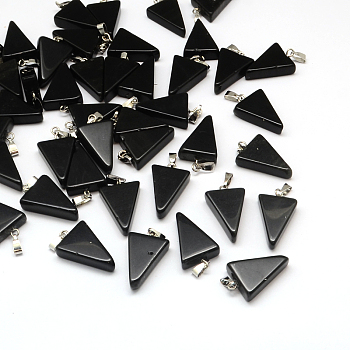 Triangle Natural Black Stone Pendants, with Platinum Tone Brass Findings, 22~25x14~15x5~7mm, Hole: 2x7mm