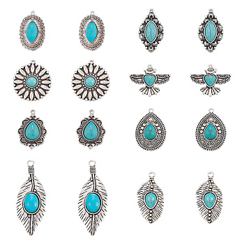 16Pcs 8 Style Tibetan Style Alloy Pendants, with Synthetic Turquoise, Antique Silver, 28.5~71.5x22~34.5x5~8.5mm, Hole: 1.6~3.6mm, 2pcs/style