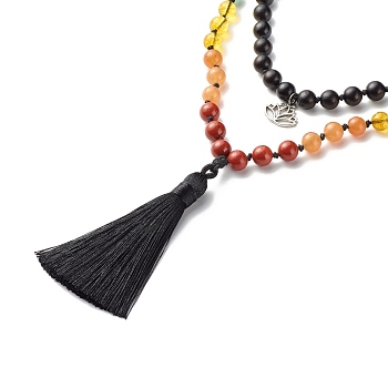 Lotus & Tassel Big Pendant Necklace, Natural Mixed Stone & Wood Beads 7 Chakra Necklace, 108 Buddhist Prayer Beads Necklace, 44.09 inch(112cm)