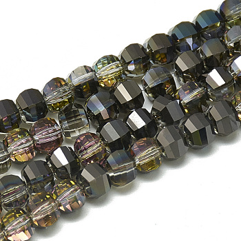 Electroplate Glass Beads Strands, Rainbow Plated, Faceted, Round, Dark Khaki, 6x5x5mm, Hole: 1mm, about 95~96pcs/strand, 17.20 inch(43.7cm)