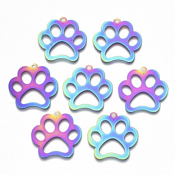 Ion Plating(IP) 201 Stainless Steel Pet Pendants, Etched Metal Embellishments, Cat Footprint, Rainbow Color, 26x26.5x0.3mm, Hole: 1.8mm