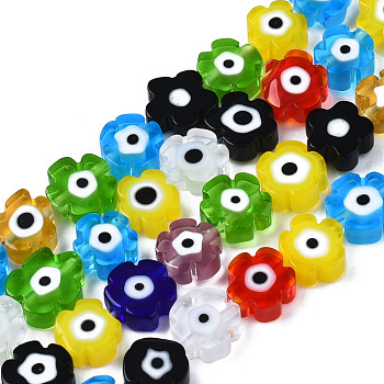 Handmade Lampwork Beads Strands, Flower with Evil Eye, Mixed Color, 6~7x6~7.5x3mm, Hole: 0.7mm, about 63~65pcs/strand, 15.75 inch~15.94 inch(40~40.5cm)