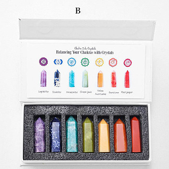 Point Tower Chakra Natural & Synthetic Mixed Stone Healing Stone Wands Set, Reiki Stones Statues for Energy Balancing Meditation Therapy, Hexagonal Prisms, 40~50mm, 7pcs/set