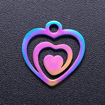 Ion Plating(IP) 201 Stainless Steel Filigree Charms, Heart with Heart, Rainbow Color, 14x13x1mm, Hole: 1.8mm