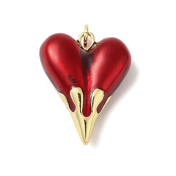Rack Plating Brass Pendants, with Enamel, Long-Lasting, Lead Free & Cadmium Free, Real 18K Gold Plated, Heart Charm, Dark Red, 24.5x19.5x8.5mm, Hole: 3mm
