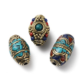 Handmade Tibetan Style Beads, with Brass Findings and Synthetic Turquoise, Antique Golden, Barrel, 21.5~25x14~16mm, Hole: 2~2.5mm