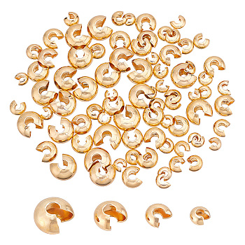 HOBBIESAY 80Pcs 4 Style Brass Crimp Beads Covers, Cadmium Free & Lead Free, Golden, 4~7.5x3.5~7x2~5mm, Hole: 2~3mm, 20pcs/style