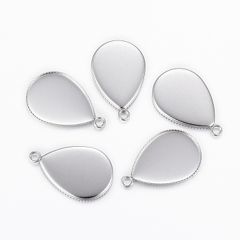 304 Stainless Steel Pendant Cabochon Settings, Milled Edge Bezel Cups, teardrop, Stainless Steel Color, Tray: 18x13mm, 21x13x1.5mm, Hole: 2mm
