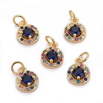 Brass Micro Pave Cubic Zirconia Charms, with Jump Rings, Flat Round, Colorful, Golden, 11x8.5x3.5mm, Hole: 3mm