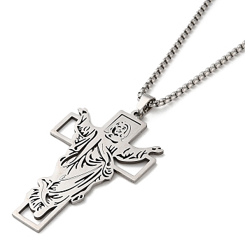 Cross Pendant Necklaces, 201 Stainless Steel Box Chaiin Necklaces, Stainless Steel Color, 23.82 inch(60.5cm)