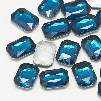 Pointed Back Glass Rhinestone Cabochons, Faceted, Rectangle Octagon, Capri Blue, 8x6x3mm