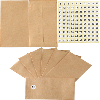 100Pcs Kraft Paper Envelopes, with Polka Dot Paper Number 1~100 Stickers, BurlyWood, 113x60x0.3mm