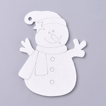 Natural Poplar Wood Big Pendants, Spray Painted, for Christmas, Snowman, White, 69.5x53.5x2.5mm, Hole: 2.5mm