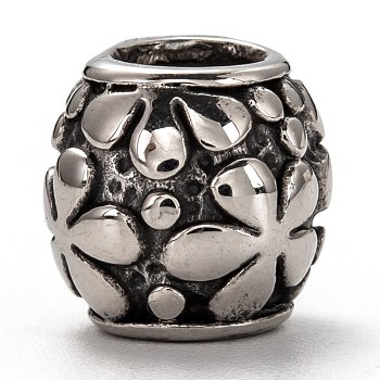 304 Stainless Steel European Beads, Large Hole Beads, Barrel with Flower, Antique Silver, 11.5x11.5mm, Hole: 6mm