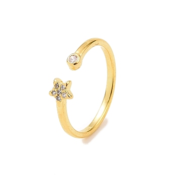 Clear Cubic Zirconia Star Open Cuff Ring, Brass Jewelry for Women, Real 18K Gold Plated, Inner Diameter: 16mm