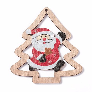 Printed Wood Big Pendants, Christmas Tree with Santa Claus, Colorful, 79.5x74x2.5mm, Hole: 2.5mm