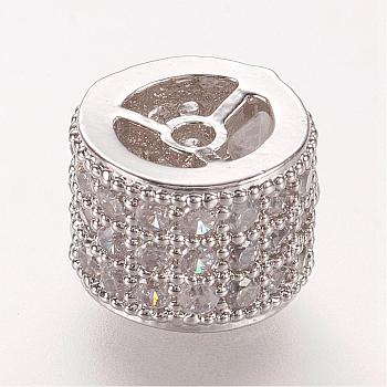 Brass Micro Pave Cubic Zirconia Beads, Column, Platinum, 8x6mm, Hole: 1mm