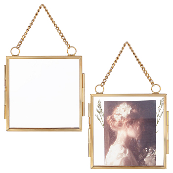 Hanging Pressed Flower Alloy Photo Frames, Double Glass Floating Frames with Chain, for DIY Artwork Display, Gallery Wall Decor, Square, Golden, 134mm, Frame: 89.5x89x7mm, Inner Size: 74x74.5mm
