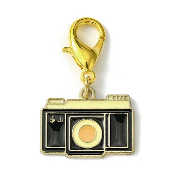 Camera Alloy Enamel Pendant Decorations, with Lobster Claw Clasps, Golden, Black, 33mm