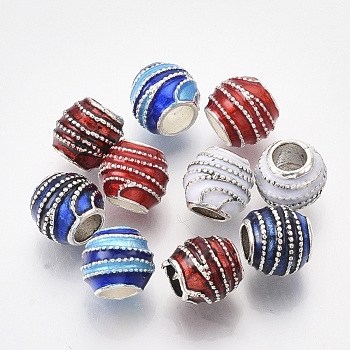 Antique Silver Plated Alloy European Beads, with Enamel, Large Hole Beads, Rondelle, Mixed Color, 10x9mm, Hole: 5mm