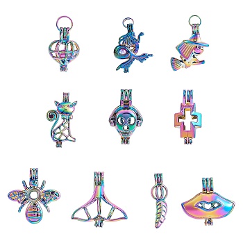 10Pcs 10 Styles Rainbow Color Plated Alloy Bead Cage Pendants, Essential Oils Diffuser, Mixed shapes, 24.5~41.5x11.5~34x9.5~12mm, Hole: 3~4x3.5~4.5mm, 1pc/style