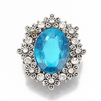 Alloy Rhinestone Flat Back Cabochons, with Acrylic Rhinestone, Faceted, Oval, Antique Silver, Deep Sky Blue, 30x25x6.5mm