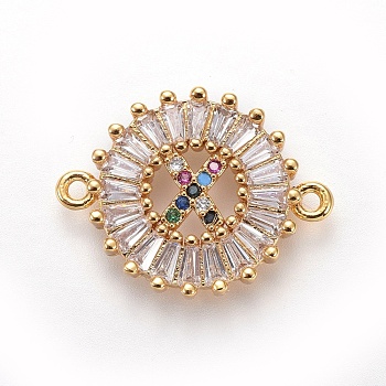 Brass Micro Pave Cubic Zirconia Links, Flat Round with Letter, Colorful, Golden, Letter.X, 15.5x20.5x3mm, Hole: 1.2mm
