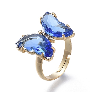 Adjustable Brass Glass Finger Rings, with Clear Cubic Zirconia, Butterfly, Golden, Cornflower Blue, Size 7, Inner Diameter: 17mm