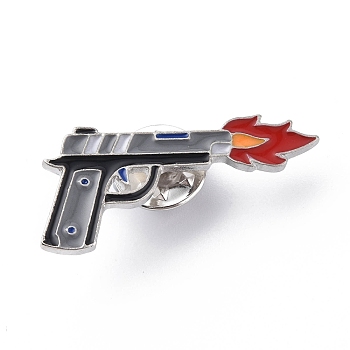Gun Shape Enamel Pin, Platinum Alloy Brooch for Backpack Clothes, Fire Pattern, 15.5~26x28~32.5x2mm, Pin: 1mm