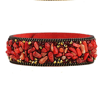 Flannelette Snap Bracelets, with Alloy Button and Natural Gemstone, Red, 65mm(2-1/2 inch)