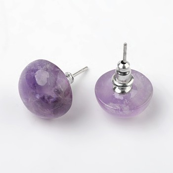 Half Round Dome Natural Amethyst Stud Earrings, with Platinum Plated Brass Findings, 18mm, Pin: 0.8mm