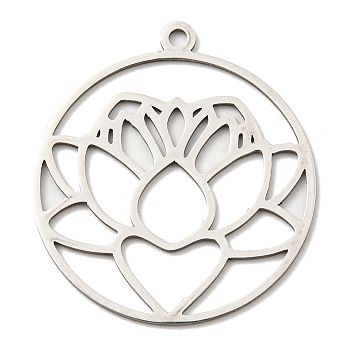 201 Stainless Steel Pendants, Laser Cut, Flat Round with Lotus Charm, Stainless Steel Color, 31x28x1mm, Hole: 1.8mm