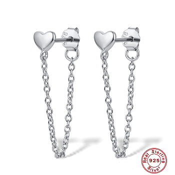 Rhodium Plated 925 Sterling Silver Heart Stud Earrings, Chains Front Back Stud Earrings, with 925 Stamp, Platinum, 24mm