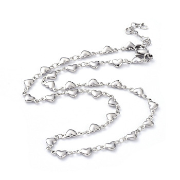 304 Stainless Steel Heart Link Chain Necklaces, with Lobster Claw Clasps, Stainless Steel Color, 15 inch(38.1cm)