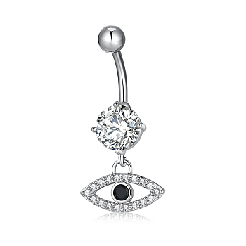Piercing Jewelry, Brass Cubic Zirconia Navel Ring, Belly Rings, with 304 Stainless Steel Bar, Lead Free & Cadmium Free, Horse Eye, Mixed Color, Platinum, 33x15mm, Bar Length: 3/8"(10mm), Bar: 14 Gauge(1.6mm)