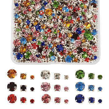 3 Sizes Sew on Rhinestone, Glass Rhinestone, with Silver Iron Prong Settings, Garments Accessories, Faceted, Flat Round, Mixed Color, 3.6~8x3.6~8x3~5.5mm, Hole: 0.7~1mm, 918pcs/box