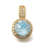 Brass Micro Pave Cubic Zirconia Pendants, Flat Round Charms, Real 18K Gold Plated, Sky Blue, 19x11x10mm, Hole: 5.5x3.5mm(KK-F913-17G-03)