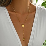 201 Stainless Steel Rosary Bead Necklaces, Portrait Cross Tassel Necklaces for Women, Golden, Oval, 20.47 inch(52cm)(SM3899-3)