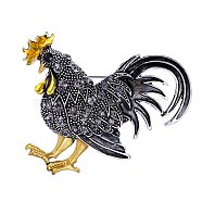Rhinestone Rooster Brooch Pin, Chinese Zodiac Alloy Badge for Backpack Clothes, Black, 65x50mm(ZODI-PW0001-123D)