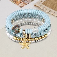 4Pcs 4 Styles Synthetic Moonstone & Pearl Stretch Bracelets Set, Bodhi Stackable Bracelets with Starfish Charms(NX7220)