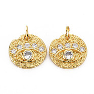 Brass Micro Pave Cubic Zirconia Charms, with Jump Rings, Nickel Free, Flat Round with Eye, Real 16K Gold Plated, 13.5x14x2.5mm, Jump Ring: 5x1mm, 3mm inner diameter(KK-Q252-083-NF)