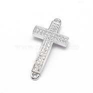 Curved Latin Sideways Cross Brass Micro Pave Cubic Zirconia Links, Clear, Cadmium Free & Nickel Free & Lead Free, Real Platinum Plated, 25x13x2mm, Hole: 1mm(ZIRC-E010-02P)