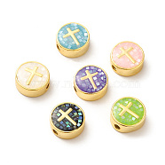Rack Plating Brass Enamel Beads, with Shell Chips, Long-lasting Plated, Cadmium Free & Lead Free,Flat Round with Cross, Golden, Mixed Color, 11x4.5mm, Hole: 1.8mm(ENAM-D044-04G)
