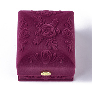 Rose Flower Pattern Velvet Ring Jewelry Boxes, with Cloth and Plastic, Rectangle, Medium Violet Red, 6.3x7.4x5.7cm(VBOX-O003-03)