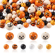 140Pcs Halloween Theme Painted Natural Wood Beads, Round & Stripe Pattern, Mixed Color, 16mm, Hole: 4mm(WOOD-CD0001-19)