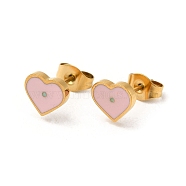 Ion Plating(IP) 304 Stainless Steel Stud Earrings with Pink Enamel, Heart Shape, Real 18K Gold Plated, 7x8mm(EJEW-Q783-06G)
